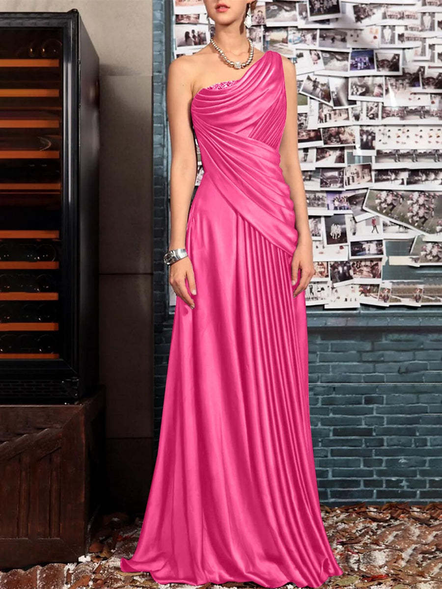 One Shoulder Sleeveless Floor Length Mother of the Bride Dress with Crystal Pleats and Draping-LLELLA
