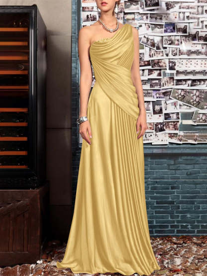 One Shoulder Sleeveless Floor Length Mother of the Bride Dress with Crystal Pleats and Draping-LLELLA