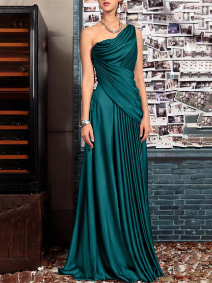 One Shoulder Sleeveless Floor Length Mother of the Bride Dress with Crystal Pleats and Draping-LLELLA