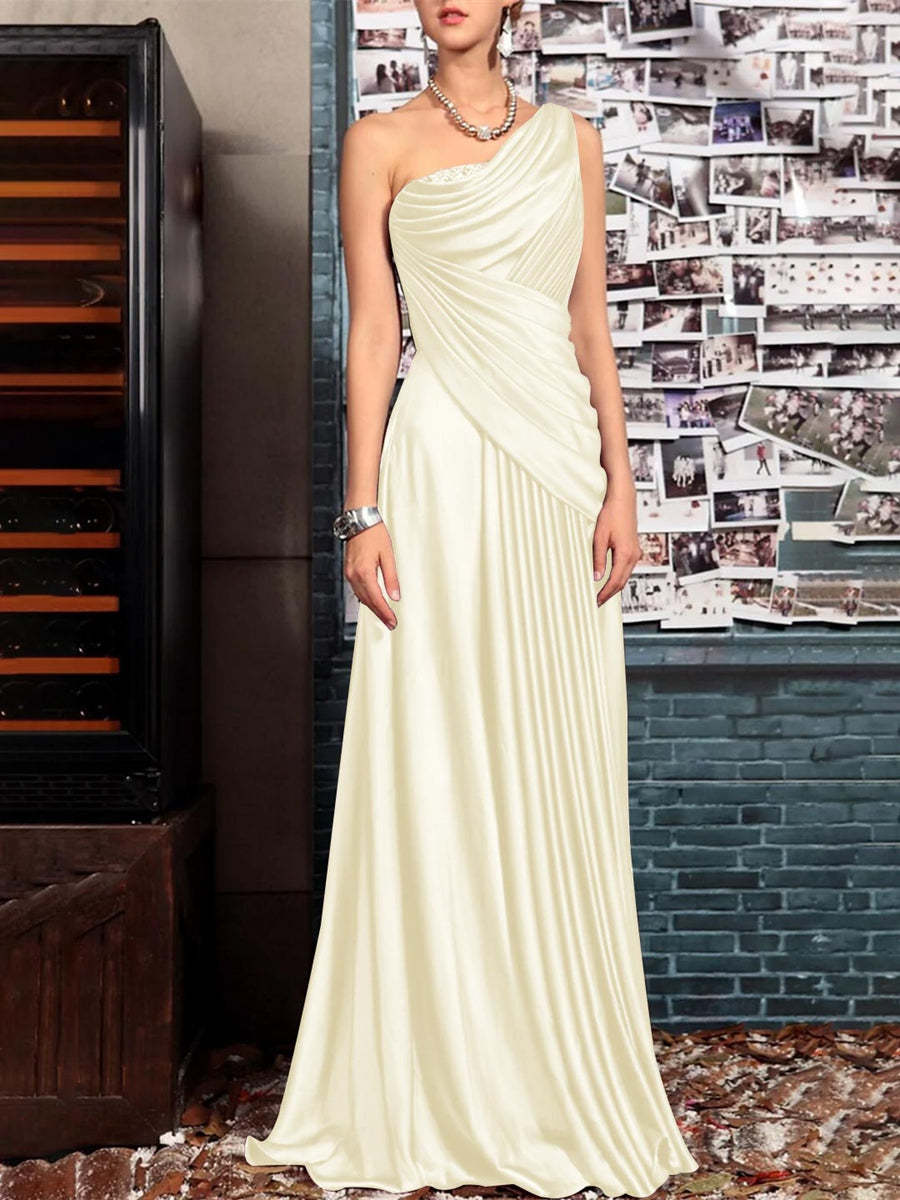 One Shoulder Sleeveless Floor Length Mother of the Bride Dress with Crystal Pleats and Draping-LLELLA