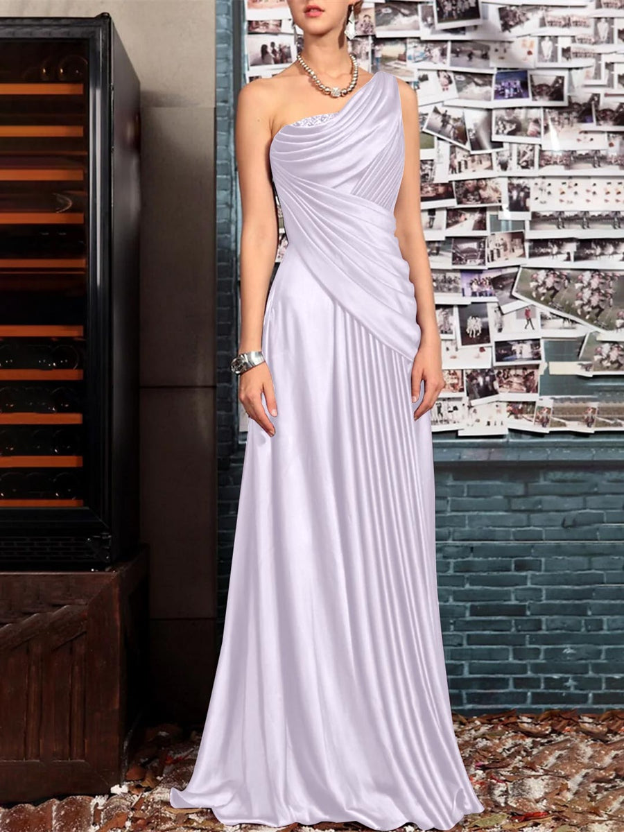 One Shoulder Sleeveless Floor Length Mother of the Bride Dress with Crystal Pleats and Draping-LLELLA
