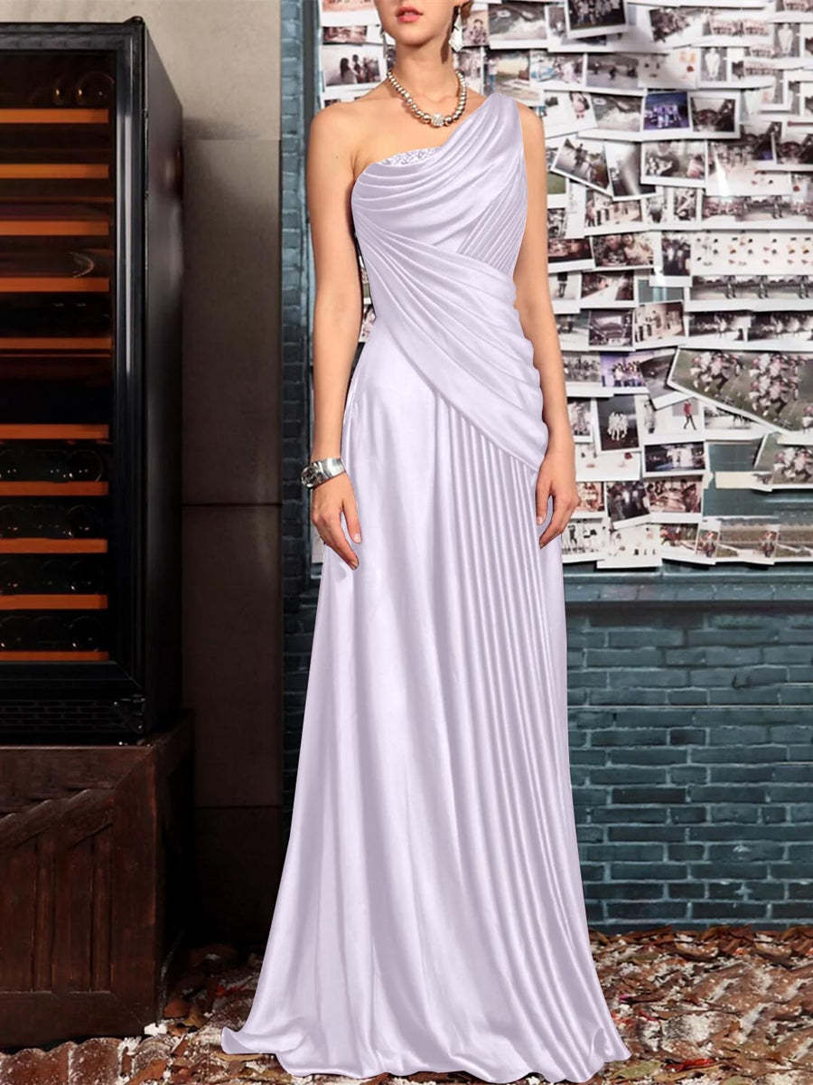 One Shoulder Sleeveless Floor Length Mother of the Bride Dress with Crystal Pleats and Draping-LLELLA