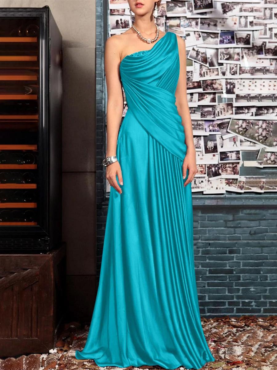 One Shoulder Sleeveless Floor Length Mother of the Bride Dress with Crystal Pleats and Draping-LLELLA