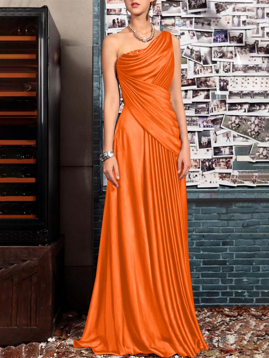 One Shoulder Sleeveless Floor Length Mother of the Bride Dress with Crystal Pleats and Draping-LLELLA