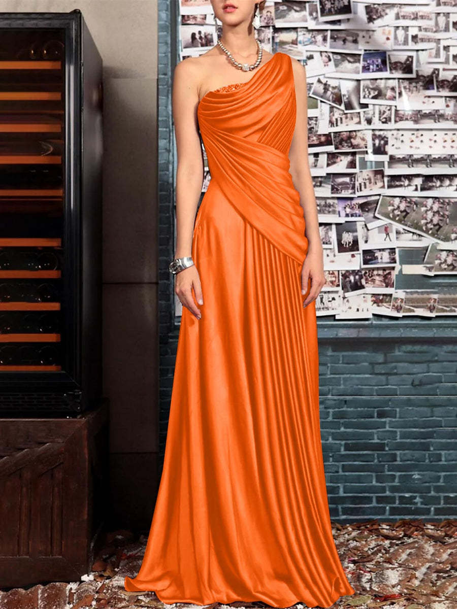 One Shoulder Sleeveless Floor Length Mother of the Bride Dress with Crystal Pleats and Draping-LLELLA