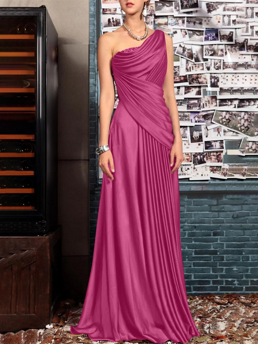 One Shoulder Sleeveless Floor Length Mother of the Bride Dress with Crystal Pleats and Draping-LLELLA