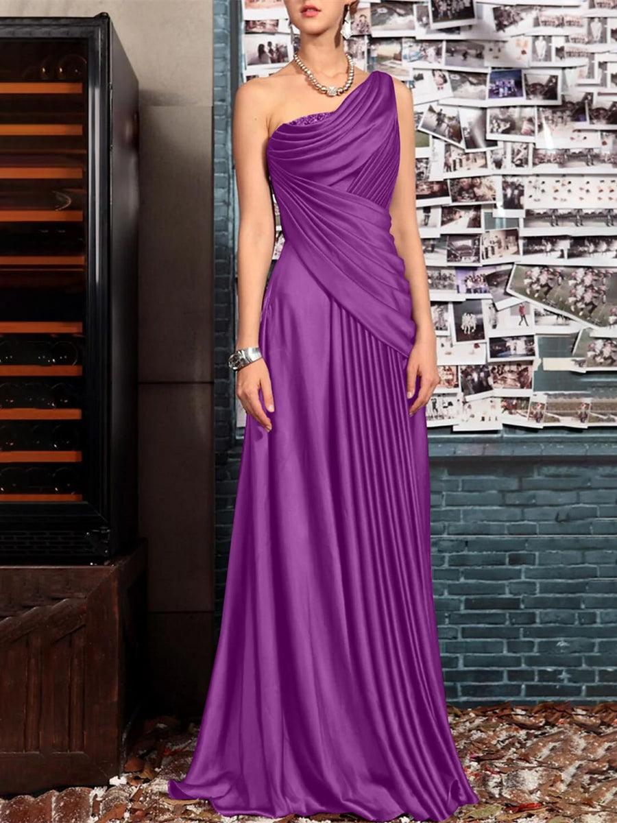 One Shoulder Sleeveless Floor Length Mother of the Bride Dress with Crystal Pleats and Draping-LLELLA
