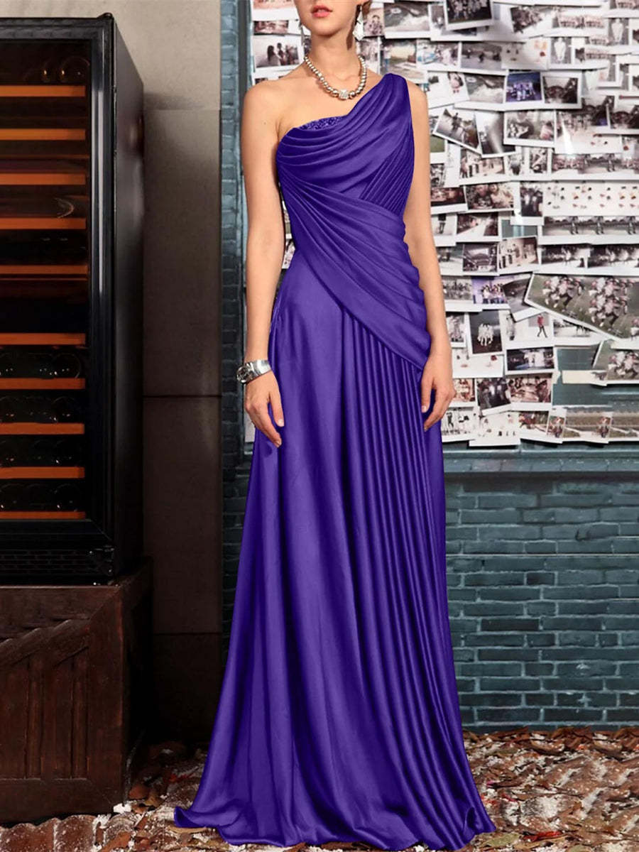 One Shoulder Sleeveless Floor Length Mother of the Bride Dress with Crystal Pleats and Draping-LLELLA