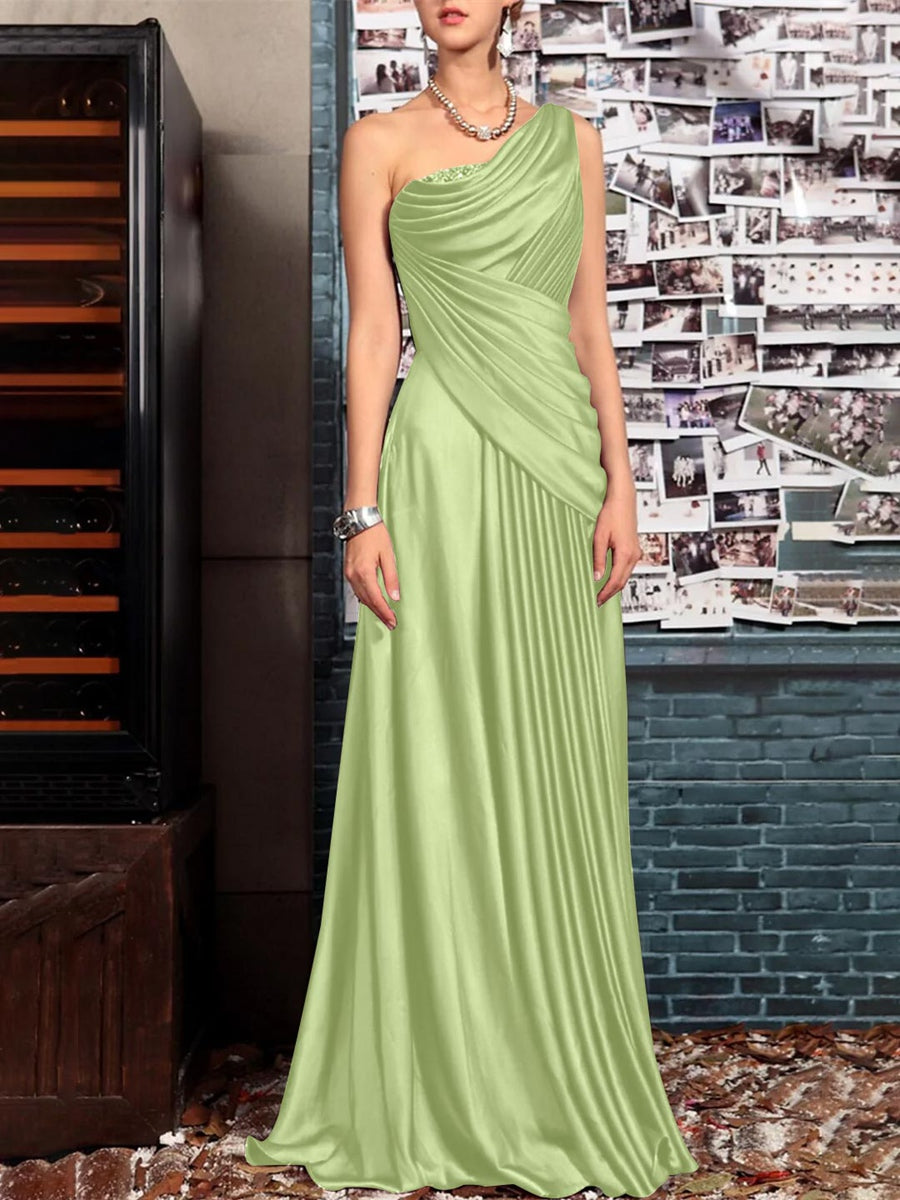 One Shoulder Sleeveless Floor Length Mother of the Bride Dress with Crystal Pleats and Draping-LLELLA