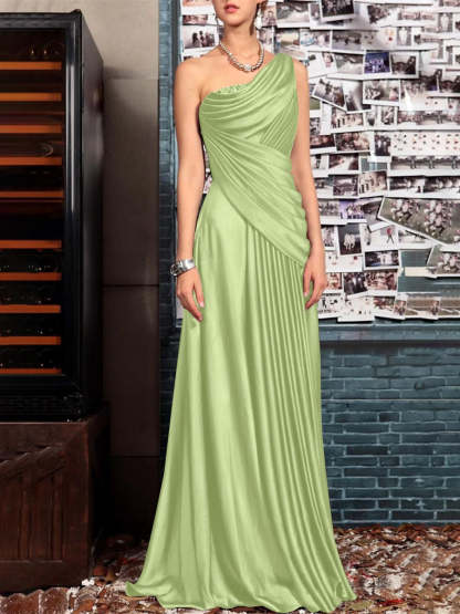 One Shoulder Sleeveless Floor Length Mother of the Bride Dress with Crystal Pleats and Draping-LLELLA