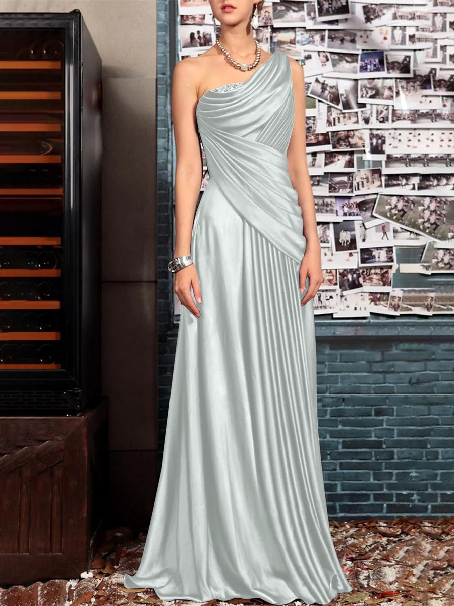 One Shoulder Sleeveless Floor Length Mother of the Bride Dress with Crystal Pleats and Draping-LLELLA