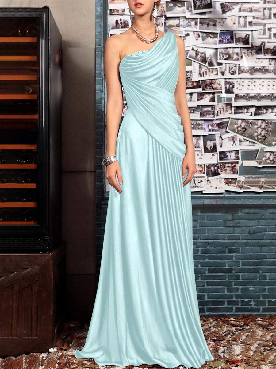 One Shoulder Sleeveless Floor Length Mother of the Bride Dress with Crystal Pleats and Draping-LLELLA