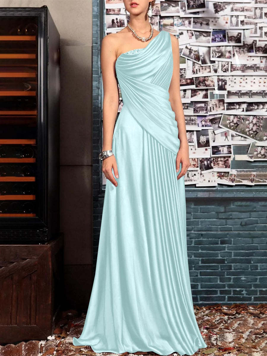 One Shoulder Sleeveless Floor Length Mother of the Bride Dress with Crystal Pleats and Draping-LLELLA