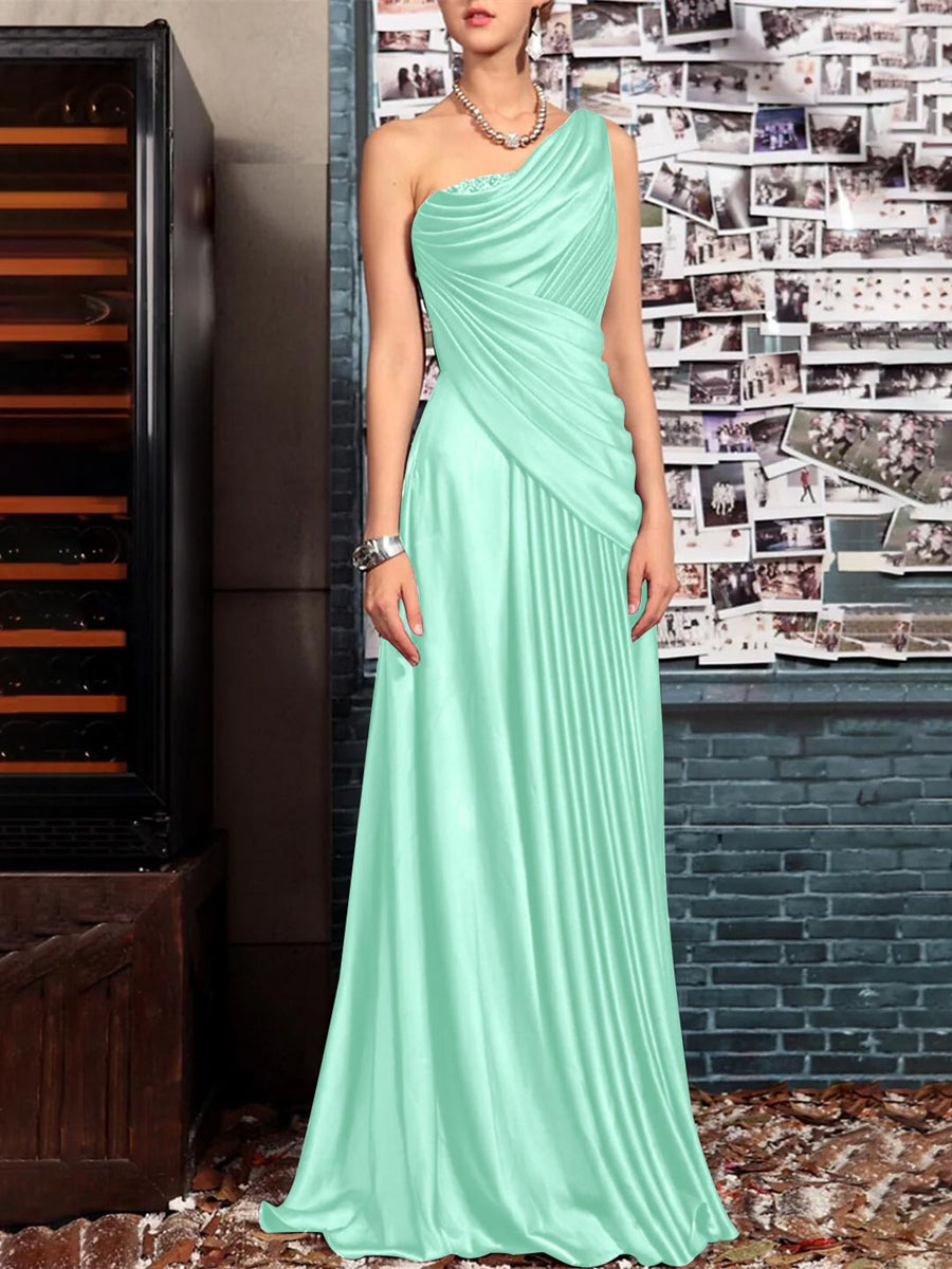 One Shoulder Sleeveless Floor Length Mother of the Bride Dress with Crystal Pleats and Draping-LLELLA