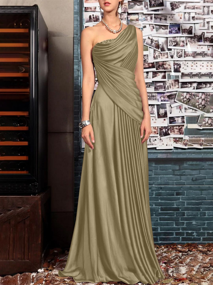 One Shoulder Sleeveless Floor Length Mother of the Bride Dress with Crystal Pleats and Draping-LLELLA