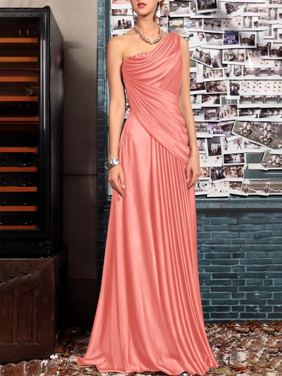 One Shoulder Sleeveless Floor Length Mother of the Bride Dress with Crystal Pleats and Draping-LLELLA