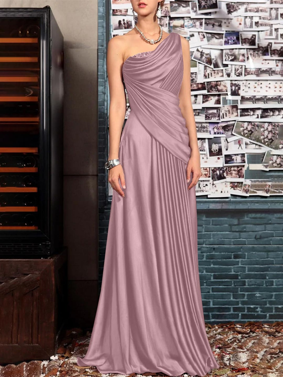 One Shoulder Sleeveless Floor Length Mother of the Bride Dress with Crystal Pleats and Draping-LLELLA