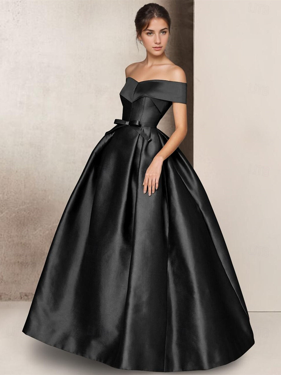 A-Line Strapless Short Sleeve Floor Length  Mother of the Bride Dresses Satin with Bow(s) Black
