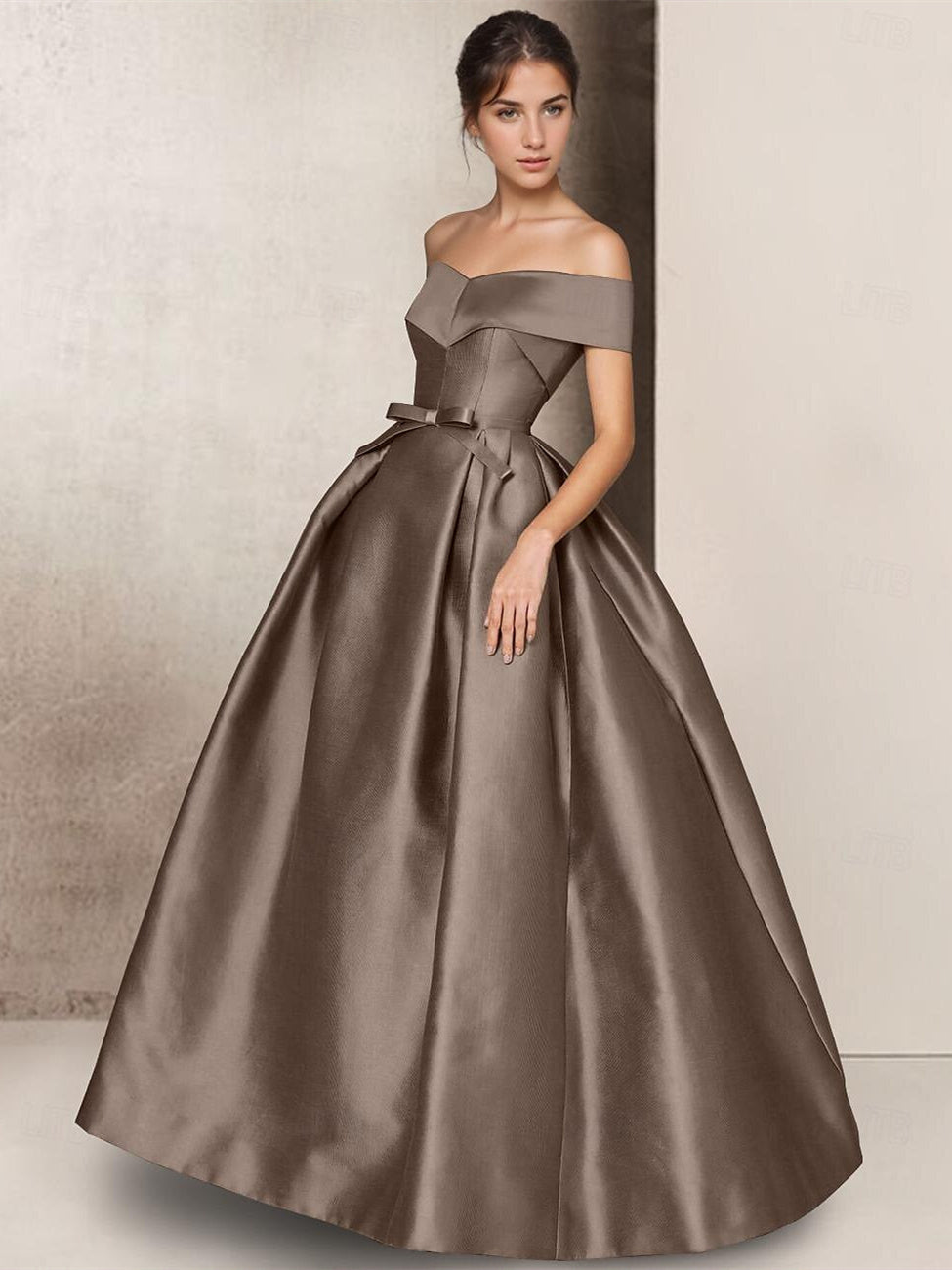 A-Line Strapless Short Sleeve Floor Length  Mother of the Bride Dresses Satin with Bow(s) Brown