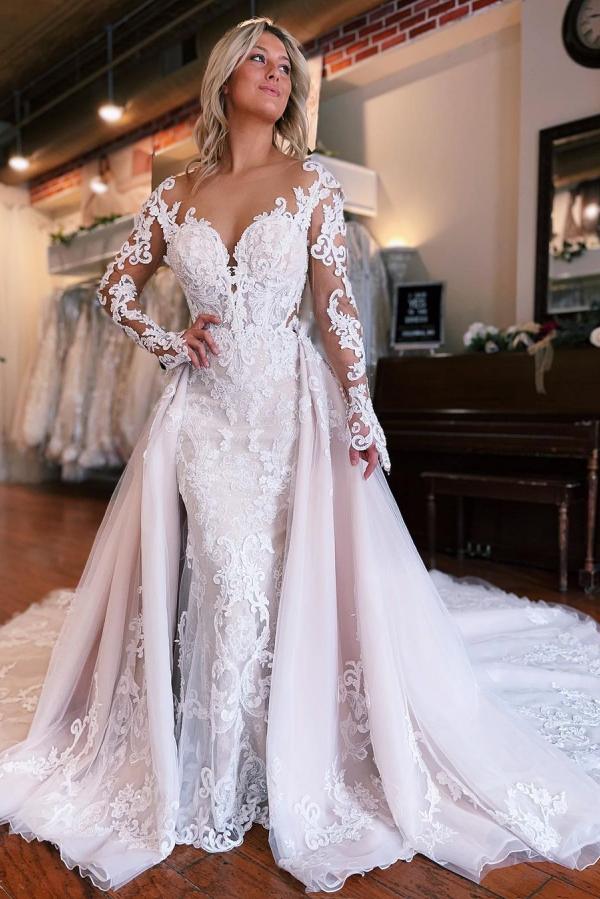 LLELLA Long Sleeves Lace Wedding Dress Mermaid Overskirt On Sale-LLELLA