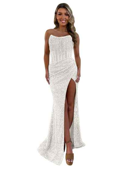 Gorgeous Sparkly Strapless Long Mermaid Prom Dress with Slit