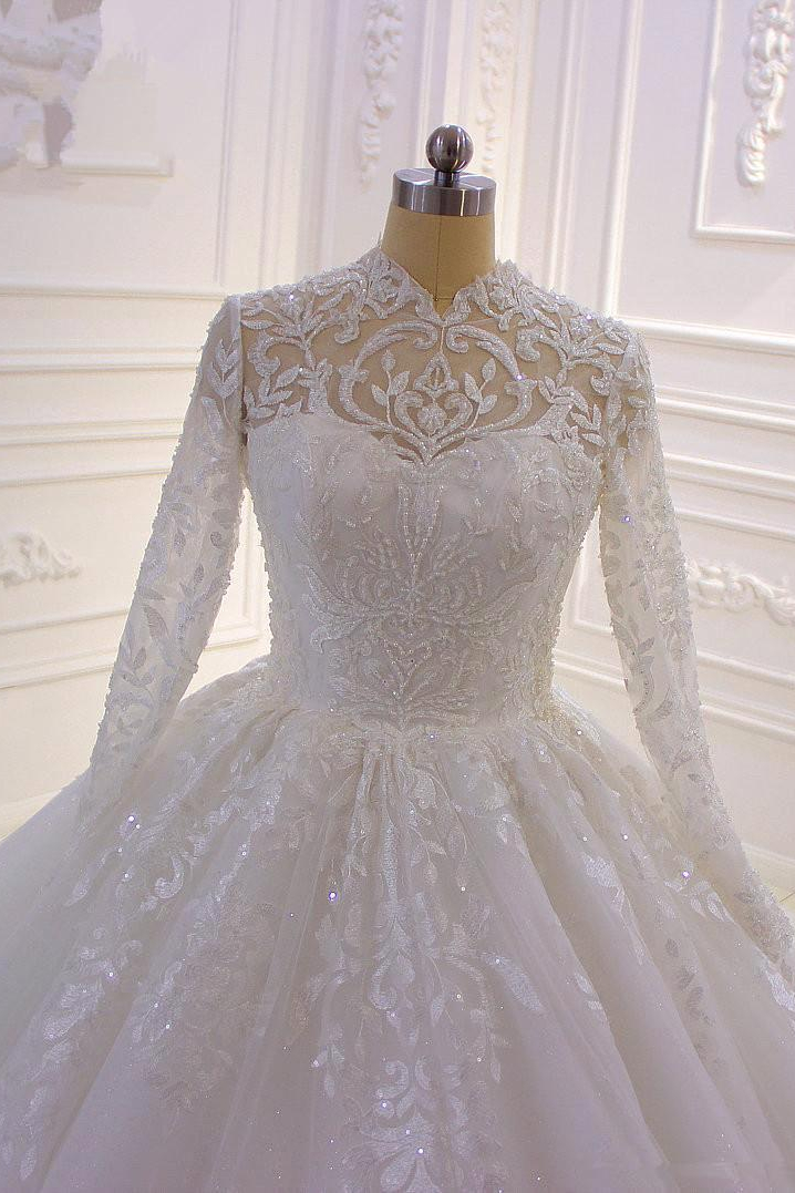 LLELLA Luxury Ball Gown High Neck Tull Lace Wedding Dress Long Sleeves Appliques Sequins Bridal Gowns Online-LLELLA