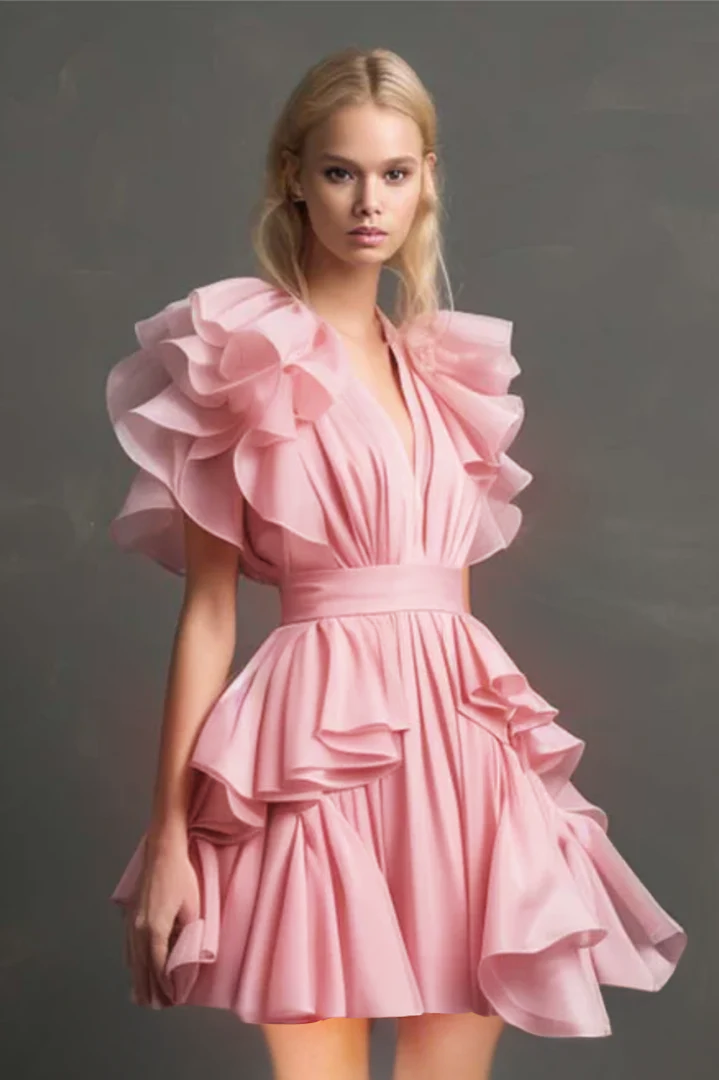 Pink Formal Gown Homecoming Dress with Ruffle Sleeves-LLELLA