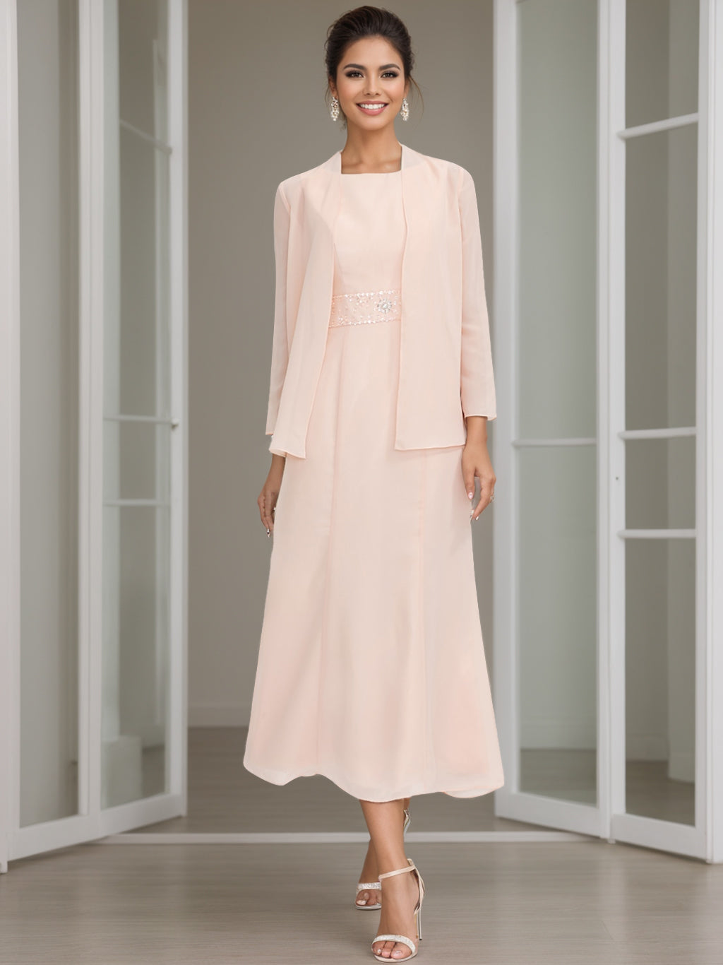 Tea-Length Mother of the Bride Sheath Dress with Beaded Jacket-LLELLA