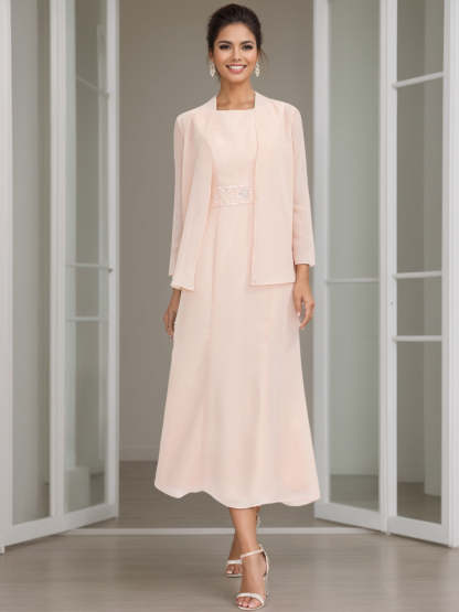 Tea-Length Mother of the Bride Sheath Dress with Beaded Jacket-LLELLA
