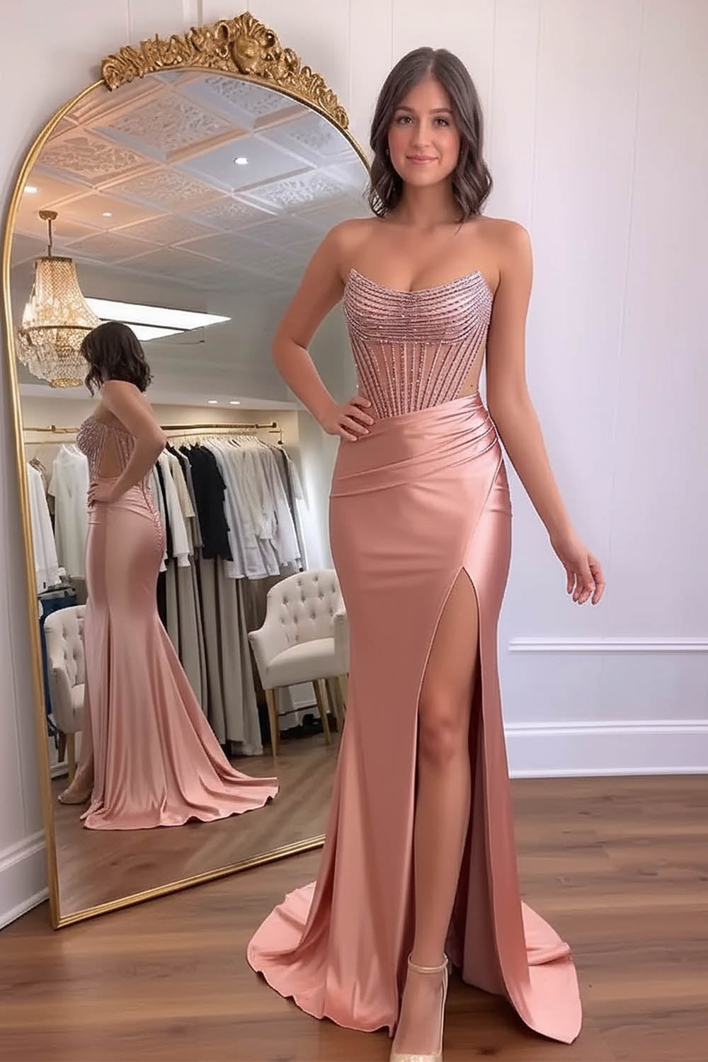 Strapless Satin Beaded Prom Dress-LLELLA