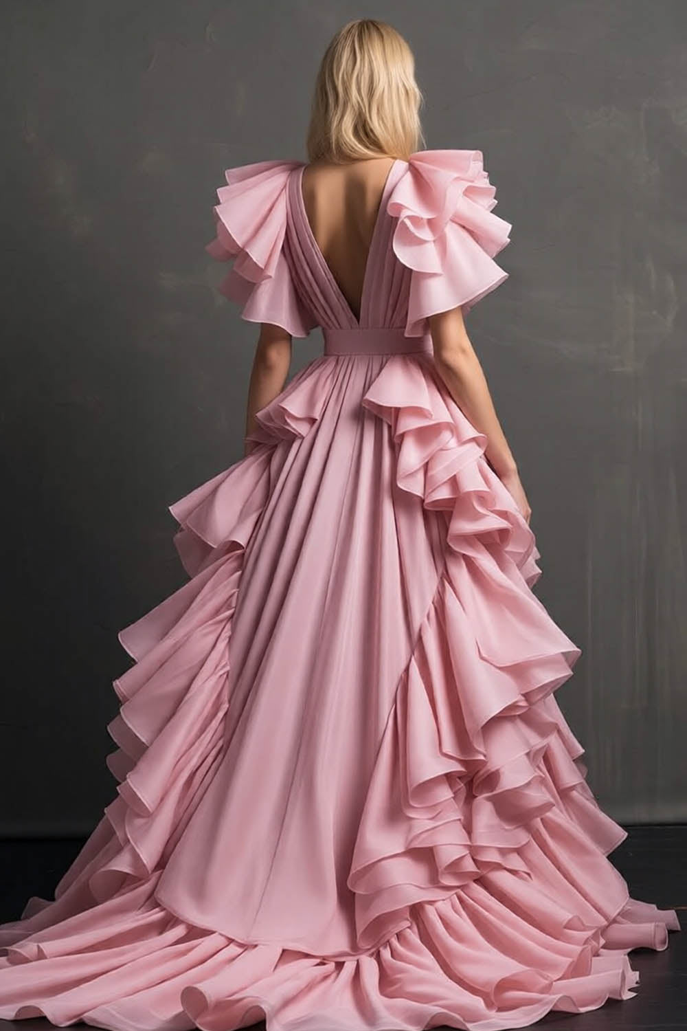 Pink Formal Gown with Ruffle Sleeves-LLELLA