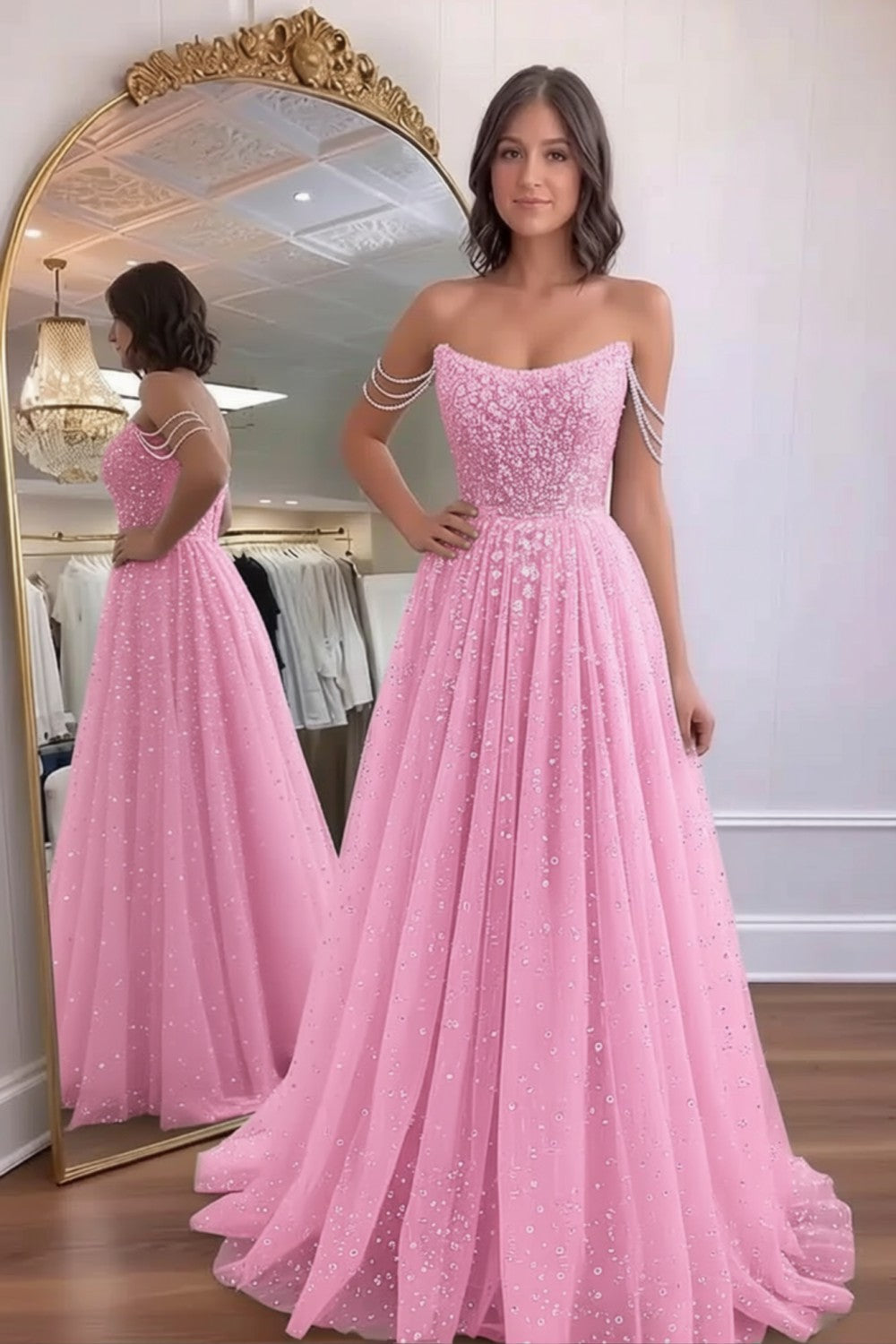 Glitter A line Off the Shoulder Prom Dress-LLELLA