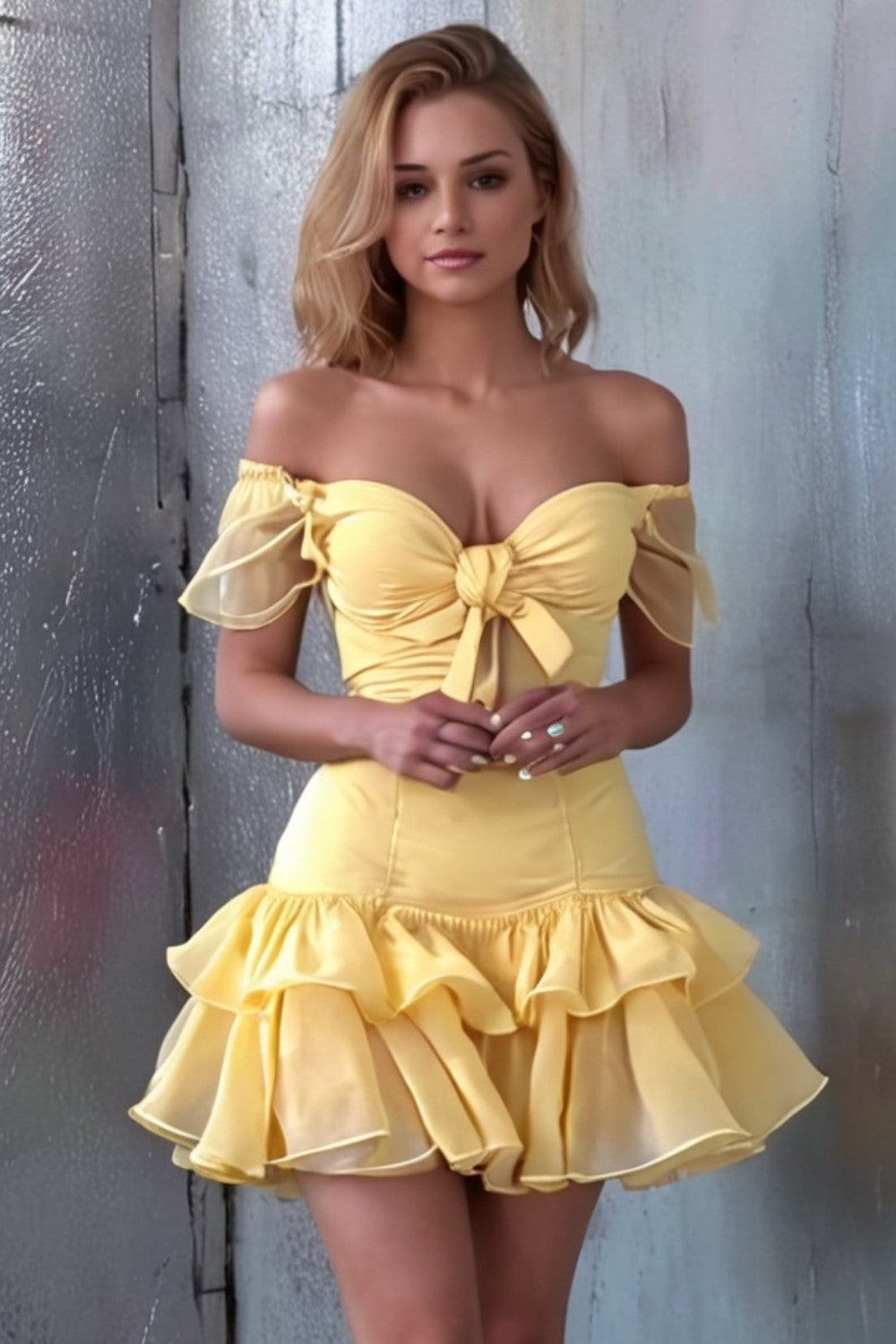 Yellow A line Homecoming Dress With Bow-LLELLA