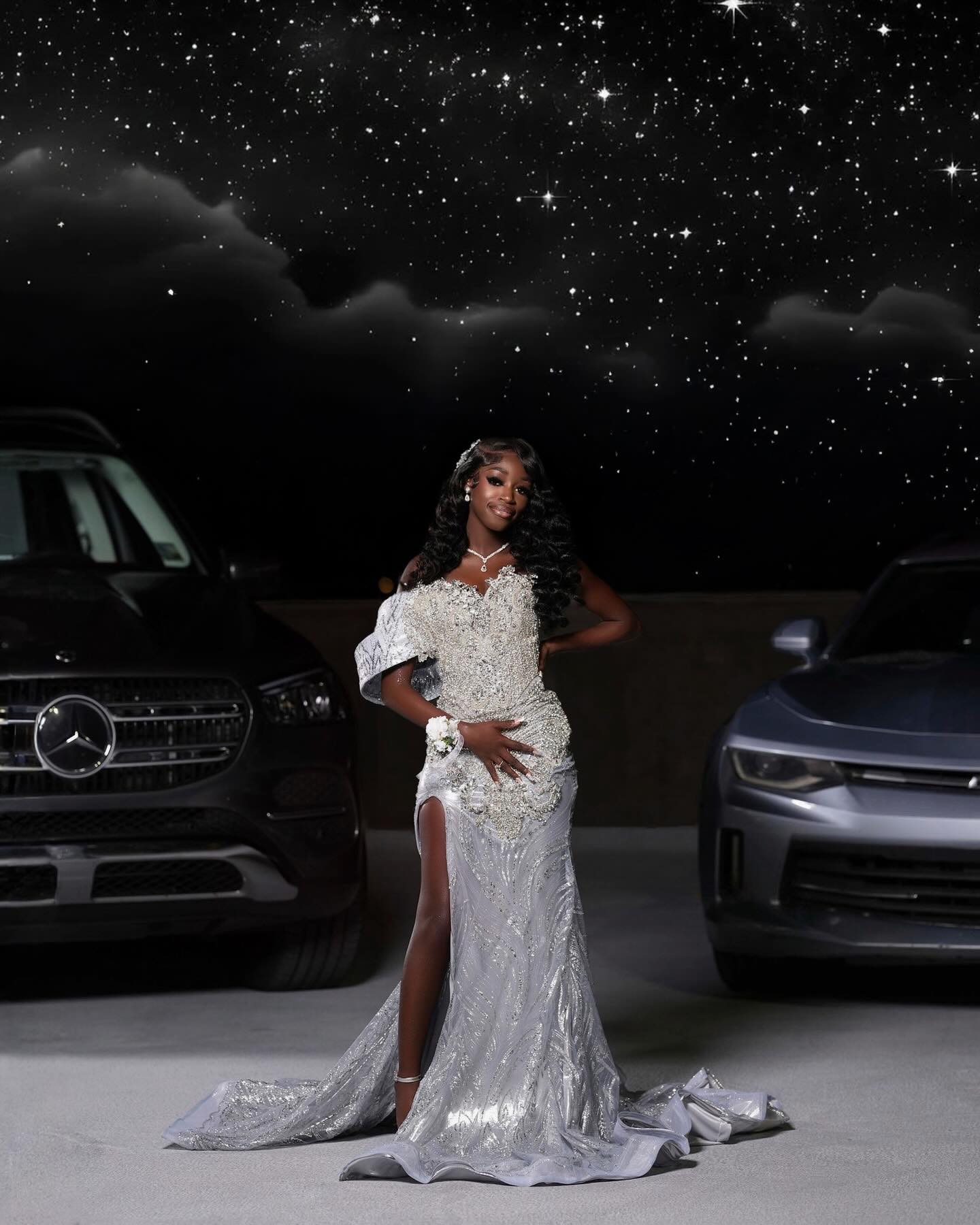Starlight Dream - Silver Crystal Beaded Off-Shoulder Mermaid Prom Dress with Thigh Slit-LLELLA