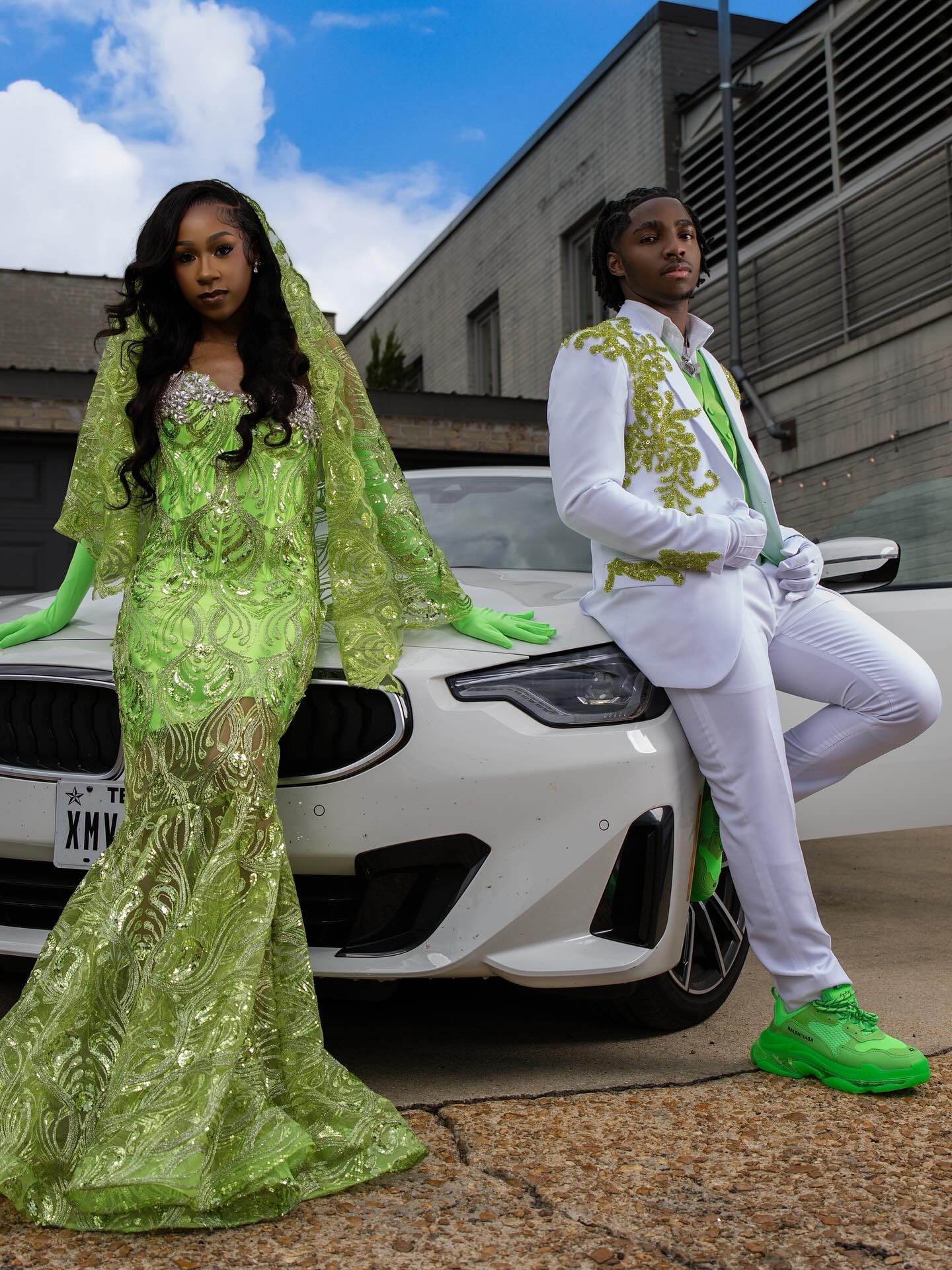 Prom 2026 – Neon Lime Green Gold Peacock Sequin Illusion Mermaid Prom Dress with Lace Cape Veil & Opera Gloves