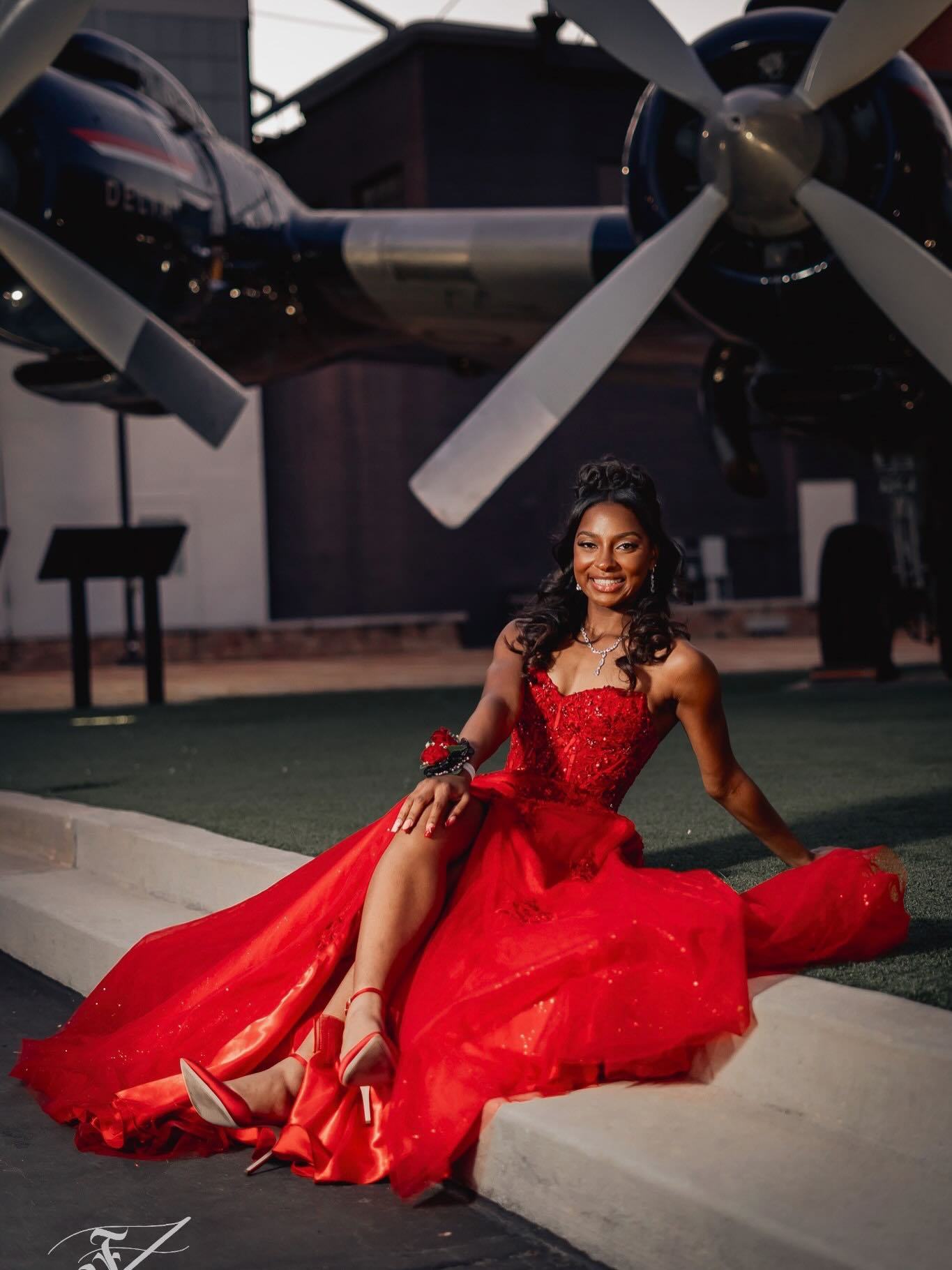 Red Sequin Beaded Strapless A-Line Prom Dress with 3D Floral Appliqué & High Slit
