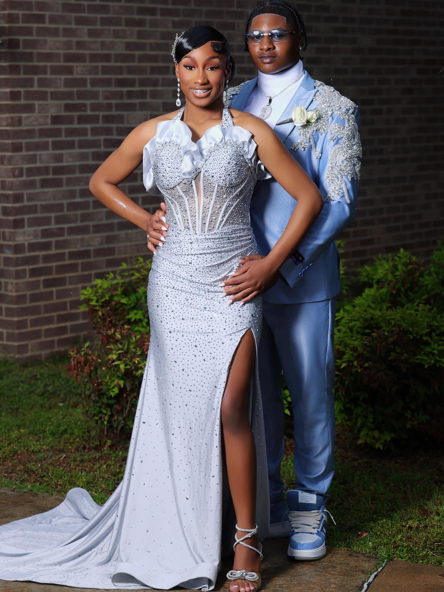 Silver Crystal Rhinestone Mermaid Prom Dress with Sheer Corset Bodice & High Slit-LLELLA