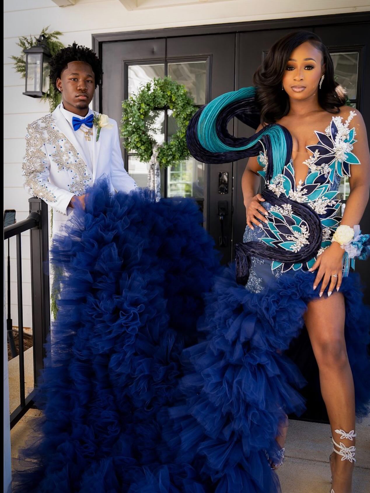 Navy Blue Deep V-Neck 3D Peacock Sculptural Mermaid Prom Dress with Royal Blue Ruffle Tulle Skirt