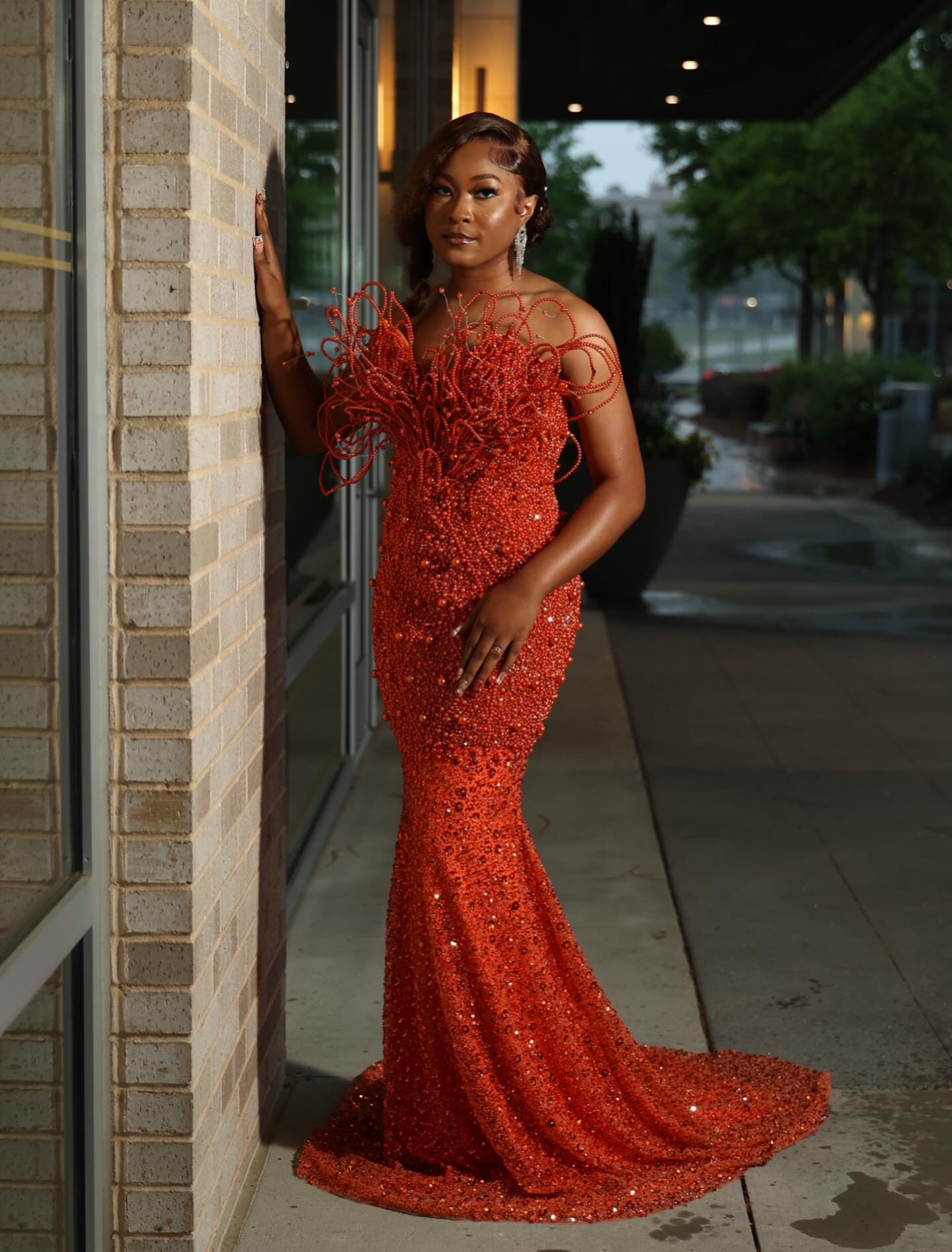 Exceeding Expectations – Burnt Orange 3D Spiral Beaded Tendril Off-Shoulder Crystal Mermaid Prom Dress