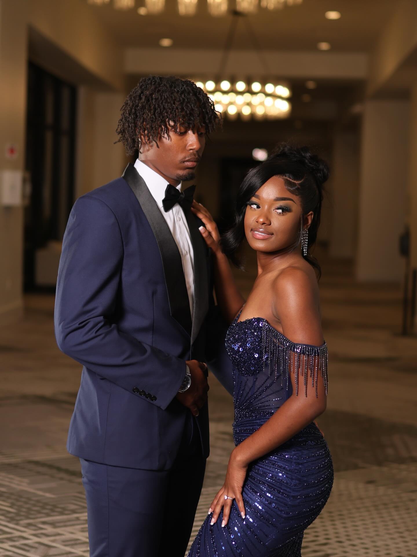 Navy Blue Off-Shoulder Sequin Beaded Mermaid Prom Dress with Crystal Fringe Details