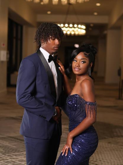 Navy Blue Off-Shoulder Sequin Beaded Mermaid Prom Dress with Crystal Fringe Details