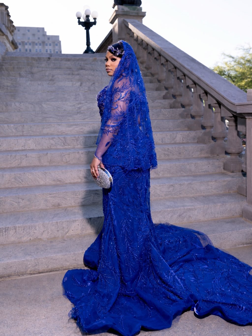 Royal Blue 3D Rose Floral Crystal Beaded Long Sleeve Mermaid Prom Dress with Custom Cathedral Train and Veil