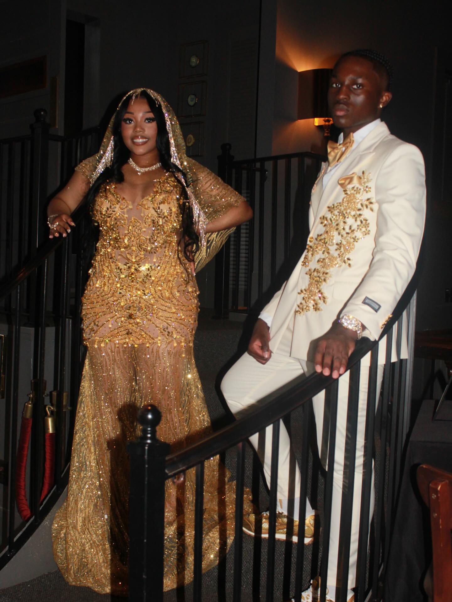 Gold Sequin Beaded Sheer Mermaid Prom Dress with Crystal Fringe Cap Sleeves & Cathedral Train