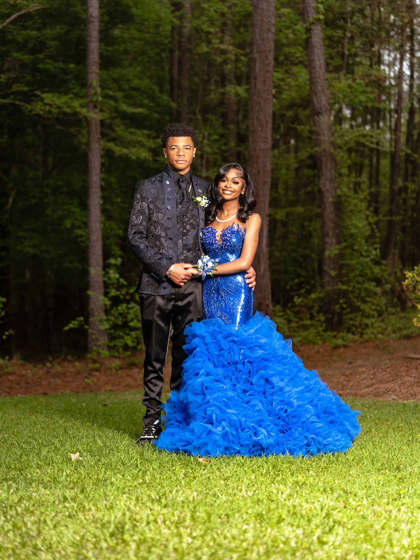 Royal Blue Crystal Beaded Strapless Mermaid Prom Dress with 3D Floral Appliqué & Ruffle Skirt
