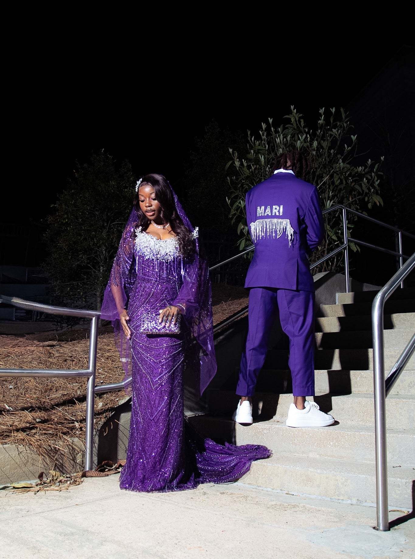 Purple Reign Sequin Beaded Mermaid Prom Dress with Cape Veil