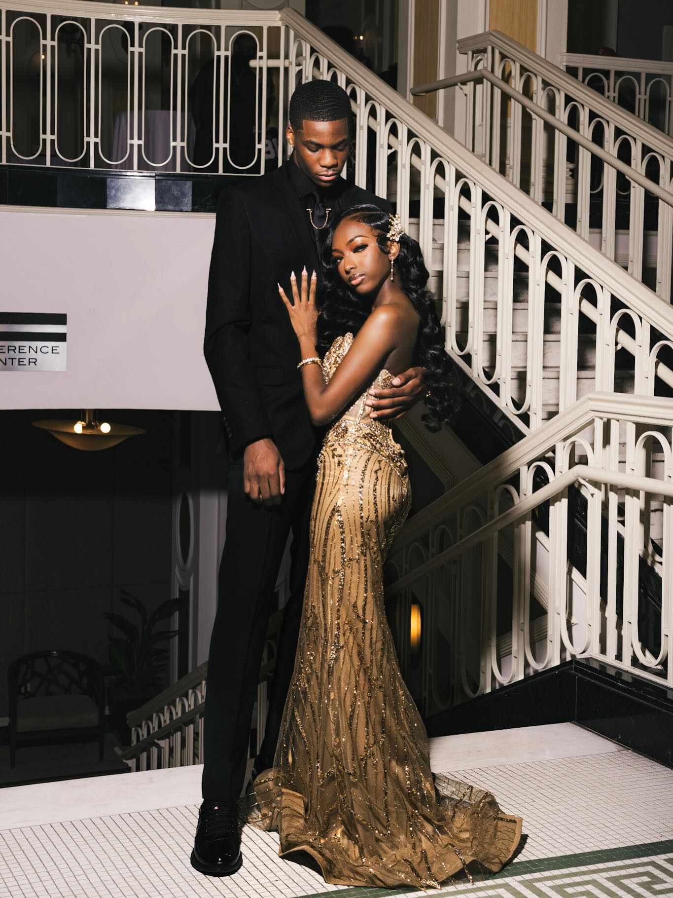 Champagne Gold Strapless Sweetheart Crystal Beaded Art Deco Mermaid Prom Dress with Sweep Train