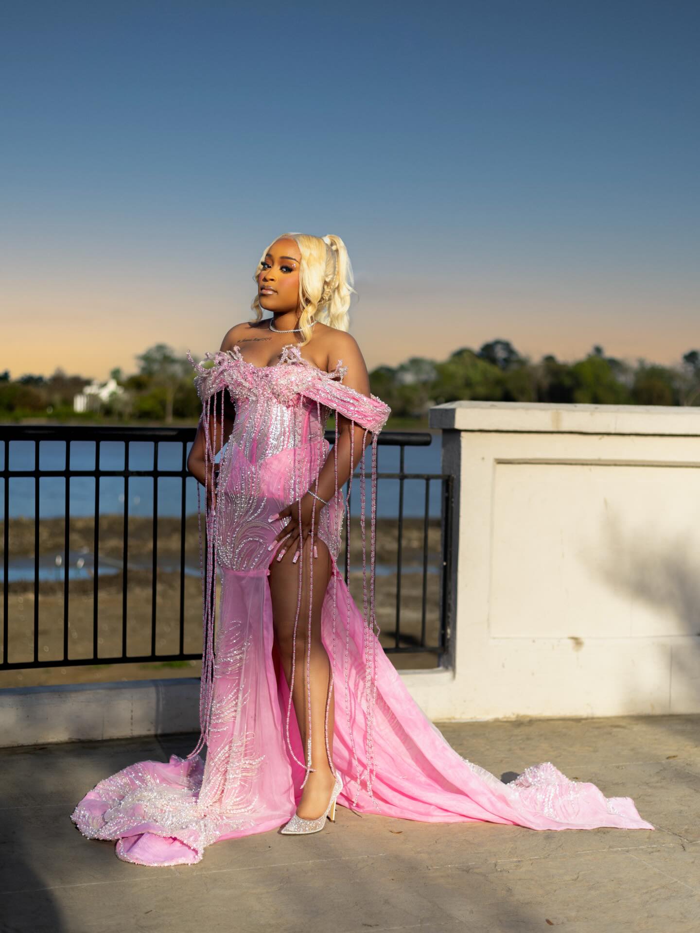 Pink Sequin Beaded Mermaid Prom Dress with Fringe Details-LLELLA