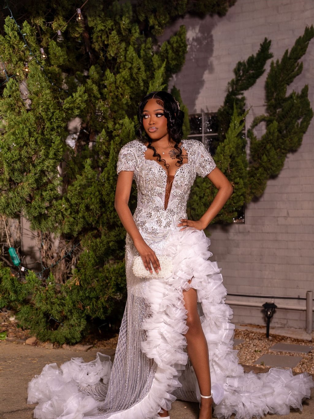 Silver Sequin Beaded Mermaid Gown with Ruffle Train