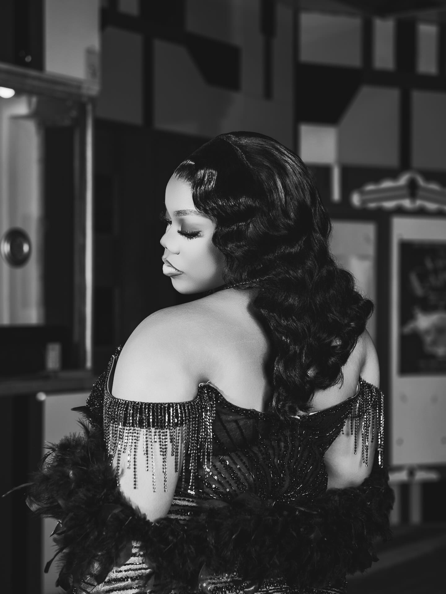 Black Crystal Fringe Off-Shoulder Corset Illusion Mermaid Prom Dress with Feather Boa & Opera Gloves-LLELLA