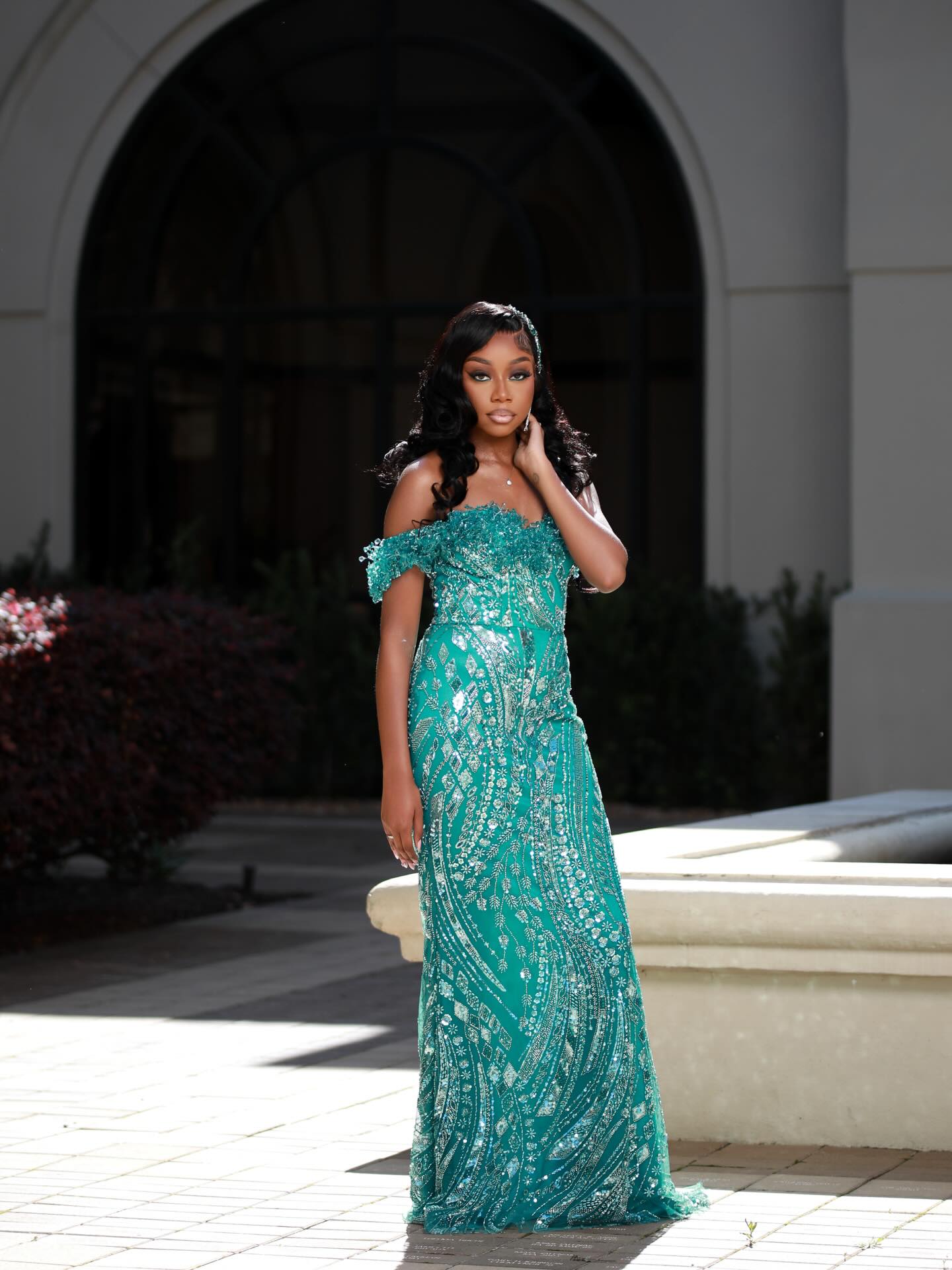 Emerald Dream - Off-Shoulder Sequin Beaded Mermaid Prom Dress with 3D Floral Details-LLELLA